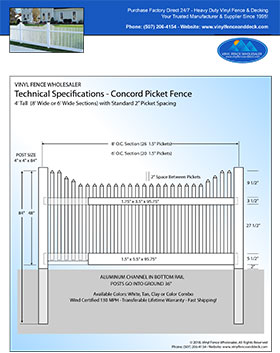 4' tall white Concord Picket fence panel