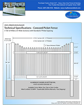 5' tall white Concord Picket fence panel