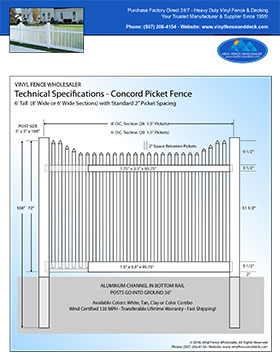 6' tall white Concord Picket fence panel