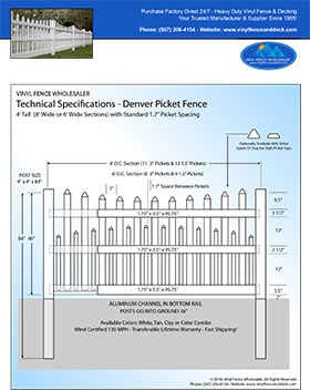 4' tall white Denver picket fence panel