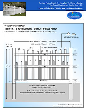 5' tall white Denver picket fence panel