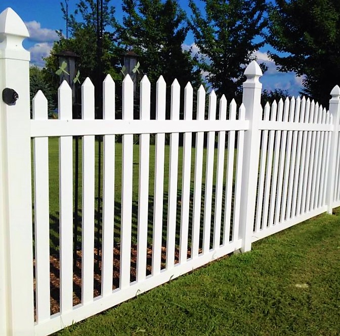 Olympia style white picket fence with gothic post caps