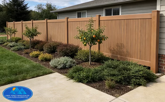 Mocha Walnut vinyl fence plus Woodgrain privacy fence